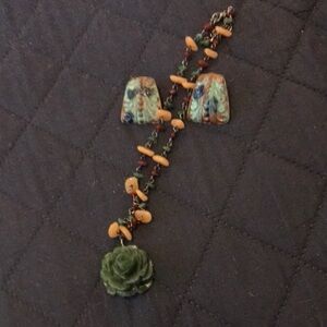 Green Rose Pendant with Multicolored Beads and Handcrafted Metal Earrings